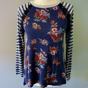 Rewind Blue Floral and Stripes Long Sleeve Sweater